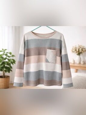 SHEIN Striped Ribbed Long Sleeve Top in Beige, Gray, White